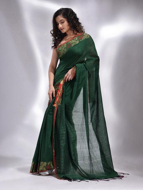 Green Cotton Handwoven Saree With Floral Border