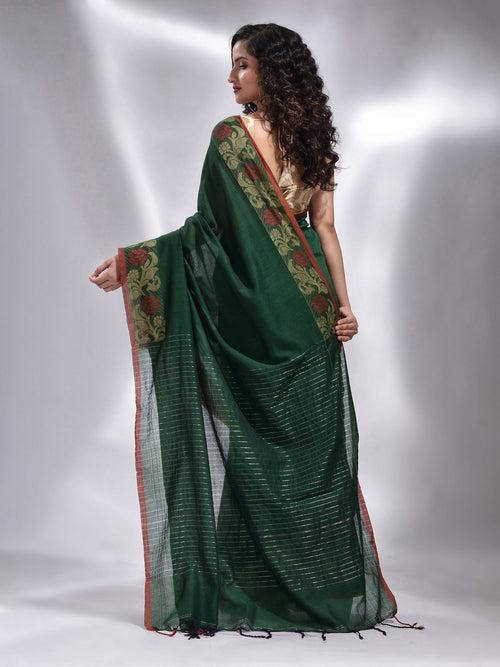 Green Cotton Handwoven Saree With Floral Border