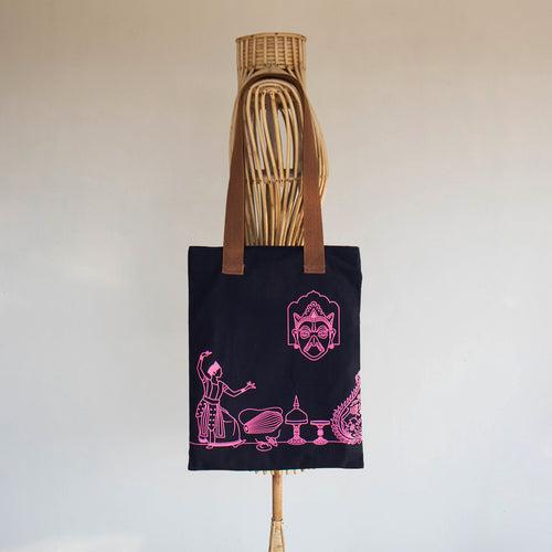 Assam's Popular Symbols Black Canvas with Pink Print Tote Bag