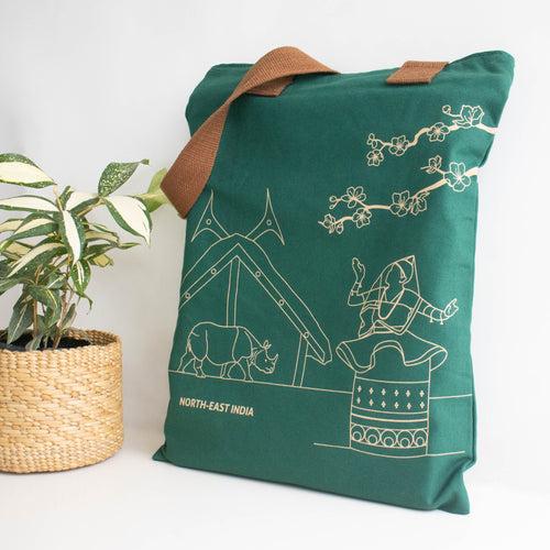 North-East India's Iconic Symbols Forest Green Canvas Tote Bag