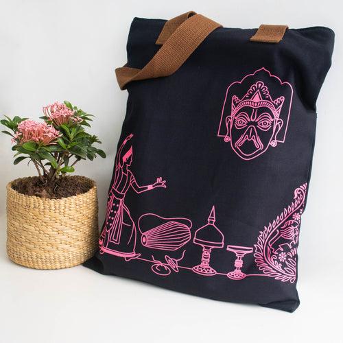 Assam's Popular Symbols Black Canvas with Pink Print Tote Bag