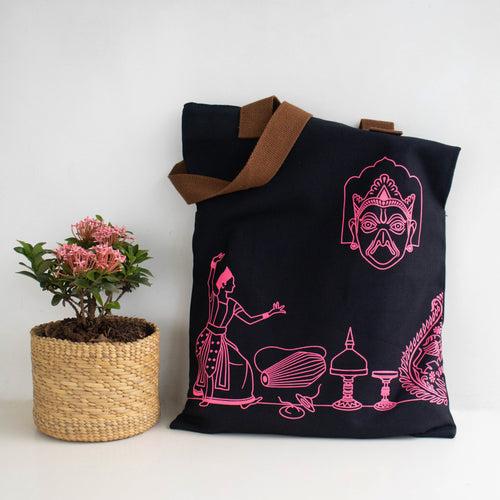 Assam's Popular Symbols Black Canvas with Pink Print Tote Bag