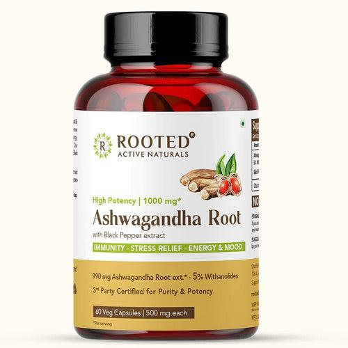 Rooted Actives Ashwagandha root extract (5% withanolides, 60 Caps, 500 mg) ,enhanced with Reishi Mushrooms | Supports Stress, Anxiety Relief, Energy & Immunity