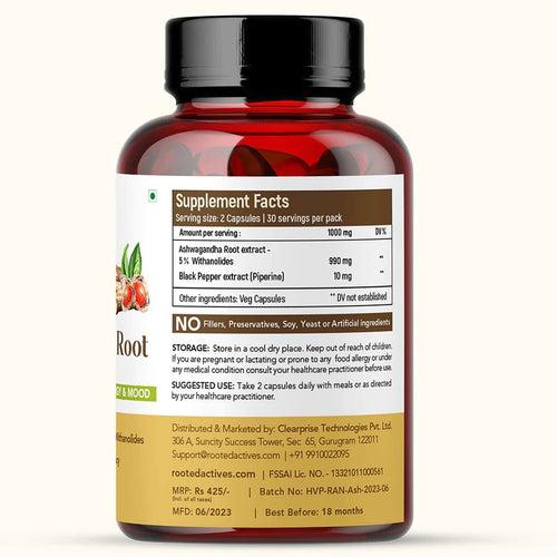 Rooted Actives Ashwagandha root extract (5% withanolides, 60 Caps, 500 mg) ,enhanced with Reishi Mushrooms | Supports Stress, Anxiety Relief, Energy & Immunity