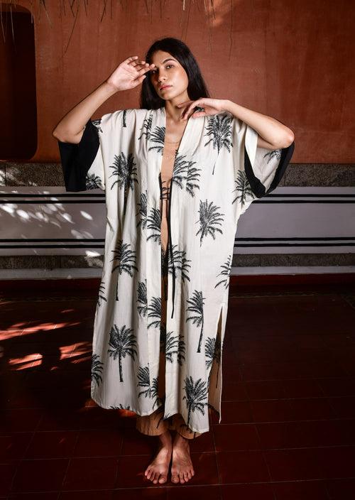 Tie Front Robe - White Palms