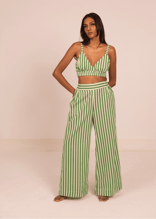 Chhaya Wide Leg Pant - Green Stripes