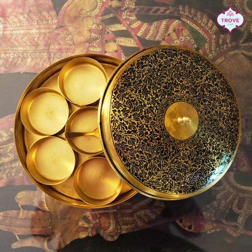 Black Gold Hand-painted Kashmiri Enamel Brass Spice Box