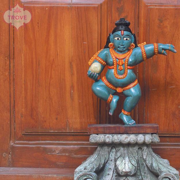 Hand Carved Wooden Lord Krishna Idol - Decor