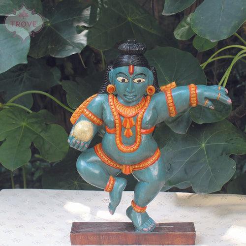 Hand Carved Wooden Lord Krishna Idol - Decor