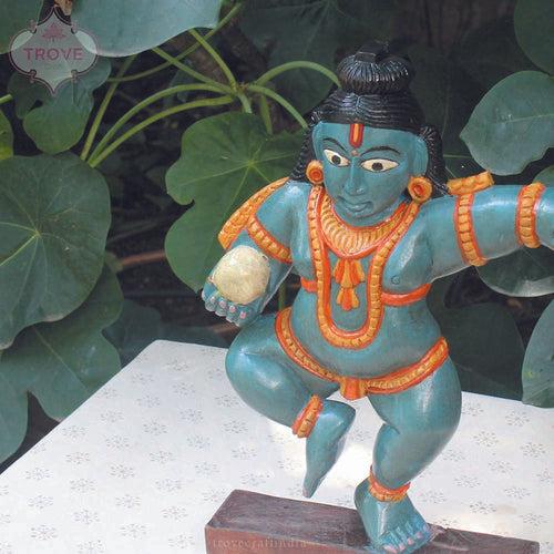 Hand Carved Wooden Lord Krishna Idol - Decor