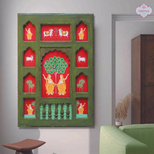 Unique Wooden Jharoka Decor Framed Gopika Pichwai Theme 24"x 36"