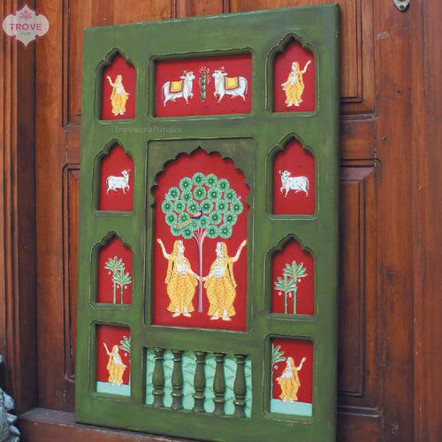 Unique Wooden Jharoka Decor Framed Gopika Pichwai Theme 24"x 36"