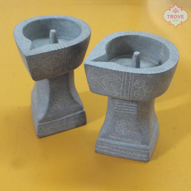 4.5" A set of 2 hand carved stone diyas holders