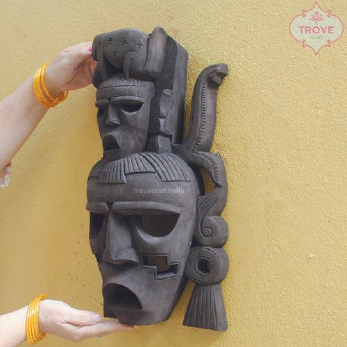 16" Hand Carved Wooden - Two Faced Tribal Wall Decor Masks