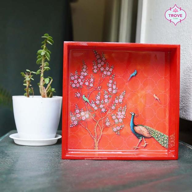 Red Peacock Tray - Printed Design