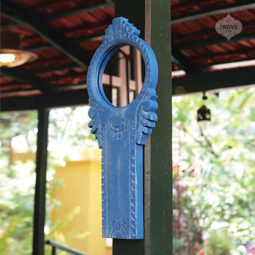 Blue Carved Coconut Grater-Style Wooden Mirror Frame