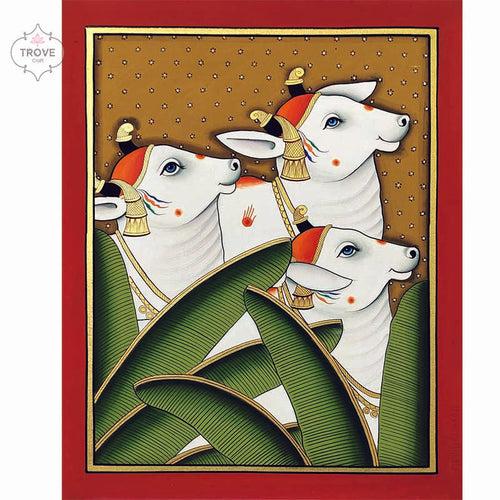 Right Facing Cow on with banana leaves Pichwai Painting - 12 x 16 inch