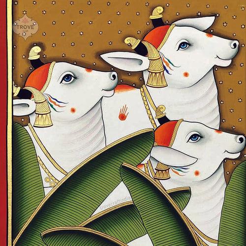 Right Facing Cow on with banana leaves Pichwai Painting - 12 x 16 inch