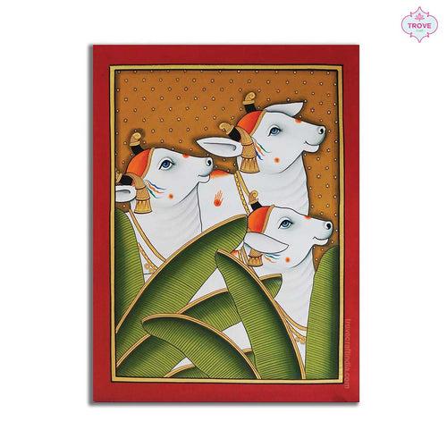 Right Facing Cow on with banana leaves Pichwai Painting - 12 x 16 inch