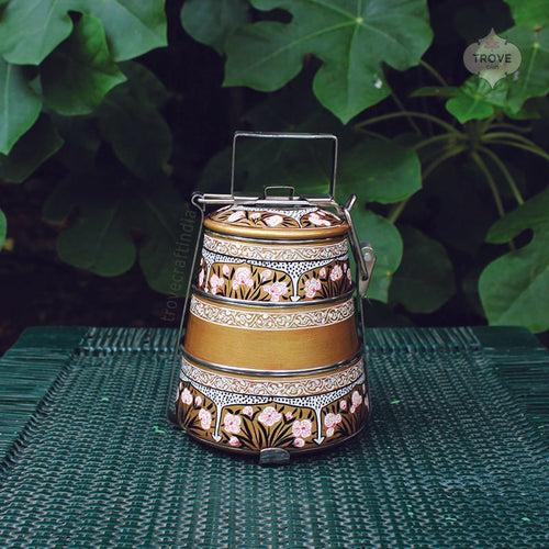 Dull Gold Hand Painted Kashmiri Enamelware Steel Mughal floral 3-tier tiffin