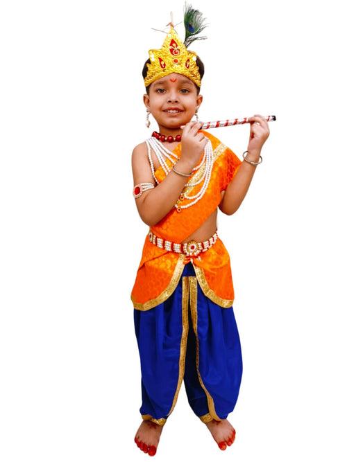 BookMyCostume Krishna Costume with Heavy Jewellery and Mukut Set - Janmashtami Premium Dress for Baby Kanha Boys & Girls - Blue & Orange