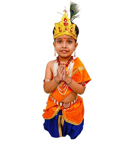 BookMyCostume Krishna Costume with Heavy Jewellery and Mukut Set - Janmashtami Premium Dress for Baby Kanha Boys & Girls - Blue & Orange