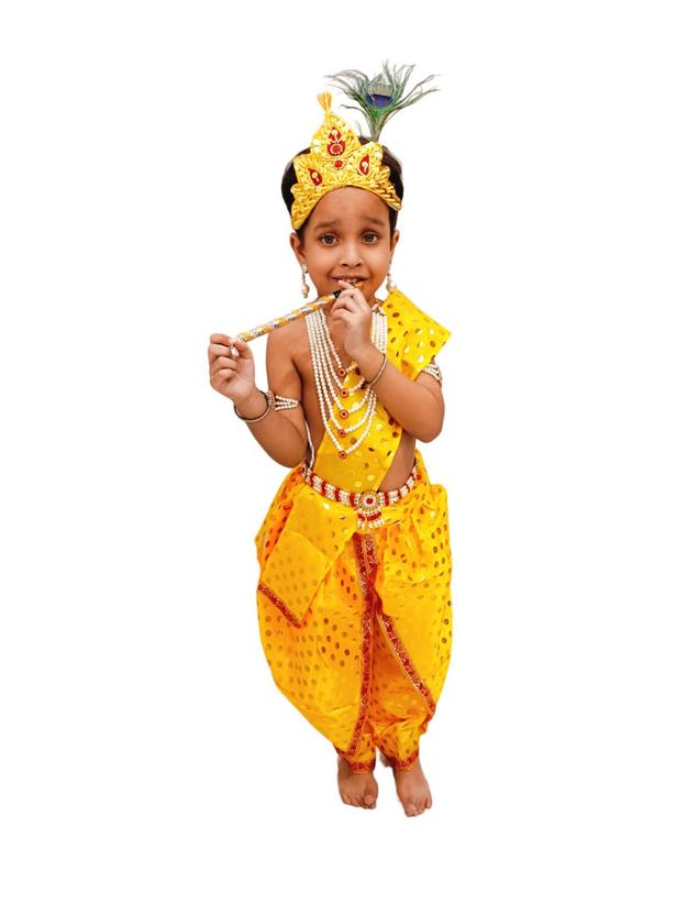 BookMyCostume Krishna Yellow Polka Dot Costume Dhoti Patka with Heavy Pearl Jewellery and Mukut Set - Janmashtami Dress Costume for Baby Kanha - Boys & Girls