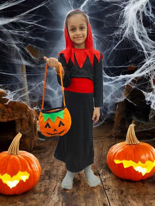 BookMyCostume Vampire Costume for Boys Red and Black Dracula Halloween Costume for Boys with attached Hoodie with Vampire Teeth and Pumpkin basket Combo