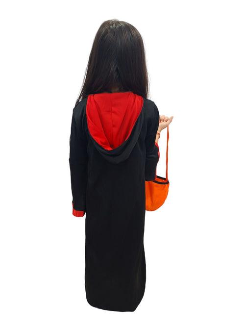 BookMyCostume Red and Black Halloween Costume for Girls | Witch costume for girls Gown with scary attached hood and Pumpkin Basket Combo