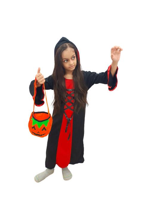 BookMyCostume Red and Black Halloween Costume for Girls | Witch costume for girls Gown with scary attached hood and Pumpkin Basket Combo