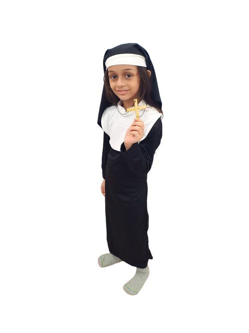 BookMyCostume Nun Costume Religious Catholic Sister Halloween Costume Black and White Nun Dress with Collar Hood Church Cross Necklace for Girls Kids