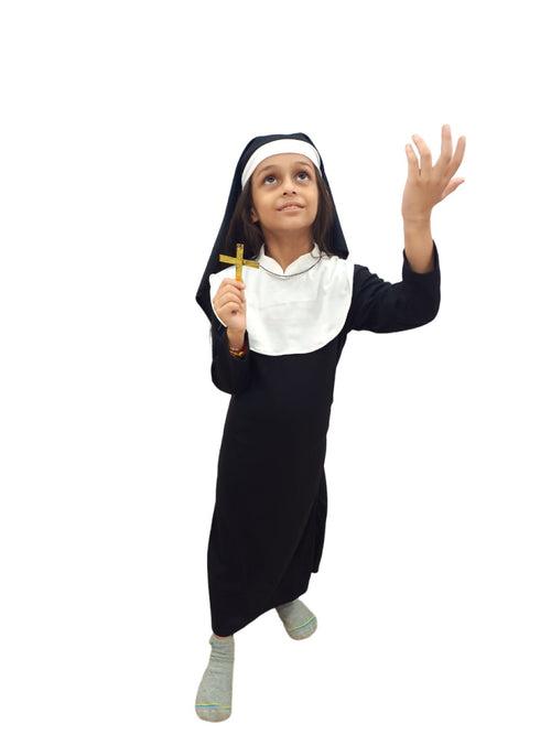 BookMyCostume Nun Costume Religious Catholic Sister Halloween Costume Black and White Nun Dress with Collar Hood Church Cross Necklace for Girls Kids