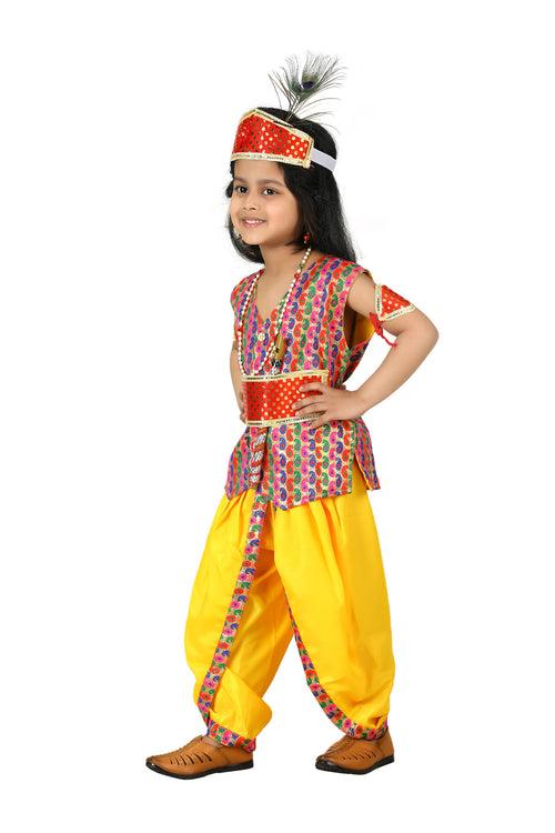 Shri Krishna Multicolor Kids Fancy Dress Costume 9 Pcs Set with Red Accessories & Wig - Premium