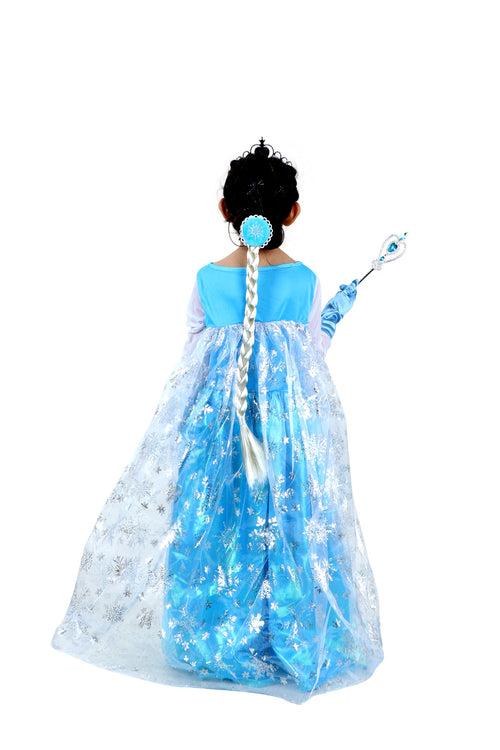 Elsa Snow Queen with Gloves Wand Crown and Wig Accessories Frozen Fairy tale Kids Fancy Dress Costume | Imported