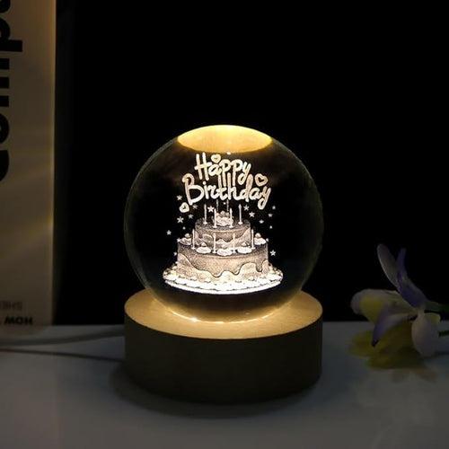 3D Crystal Happy Birthday Warm Led with Wood Base