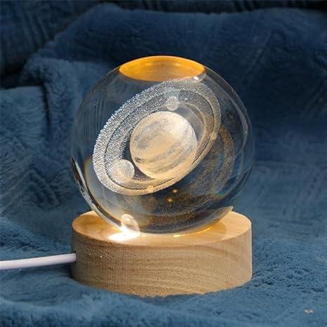 3D Crystal Saturn With Warm Led with Wood Base