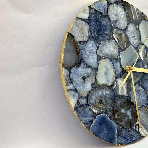 Blue Agate Gemstone Round Clock with Leafing