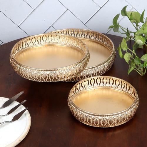 Intricate Golden Metal Tray - Set of 3