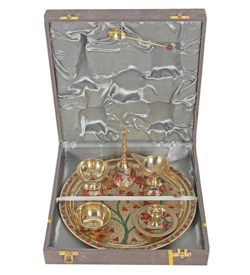 Premium Brass Meena Pooja Thali with Velvet Box