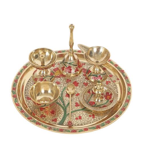 Premium Brass Meena Pooja Thali with Velvet Box