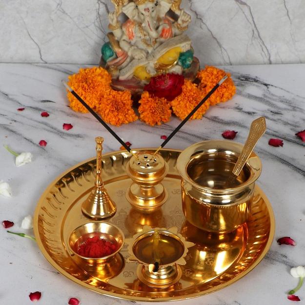 Gold Steel Pooja Thali With Gift Box