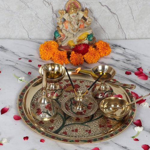 Premium Brass Meena Pooja Thali with Velvet Box