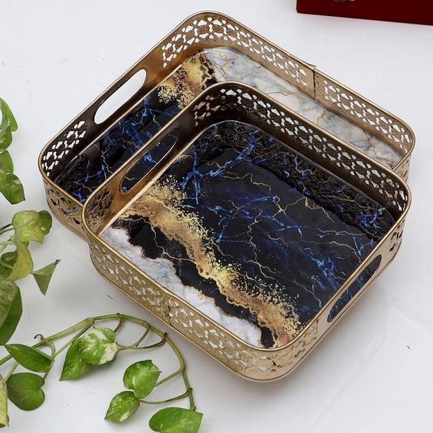 Blue Marble Pattern Metal Tray - Set of 2