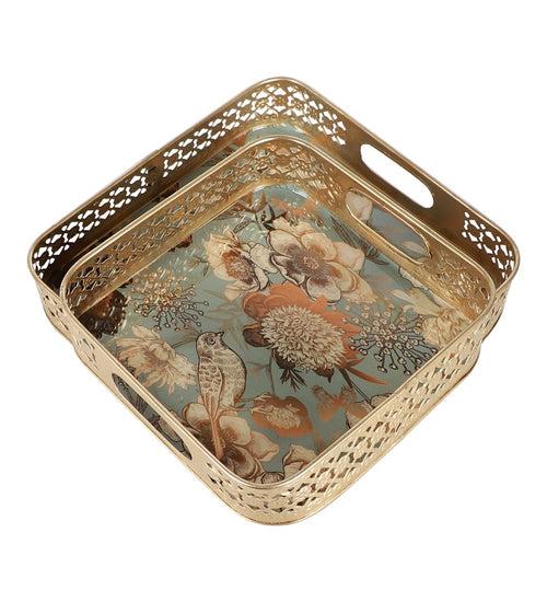 Bird & Flower Pattern Metal Tray - Set of 2