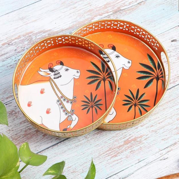 Cow Pattern Pichwai Metal Tray - Set of 2