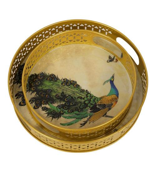 Green Peacock Design Metal Tray - Set of 2