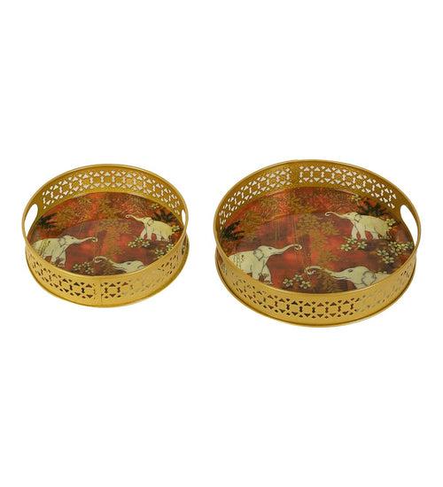 White Elephant Pattern Metal Tray - Set of 2