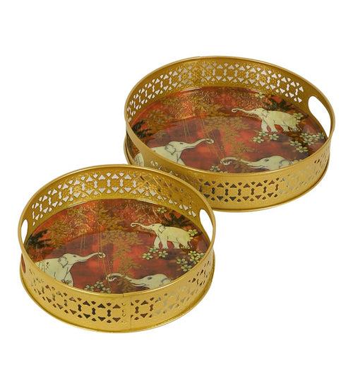 White Elephant Pattern Metal Tray - Set of 2