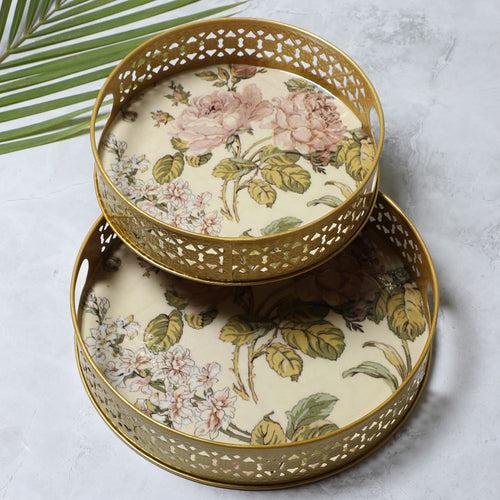 Green & Pink Floral Design Metal Tray - Set of 2