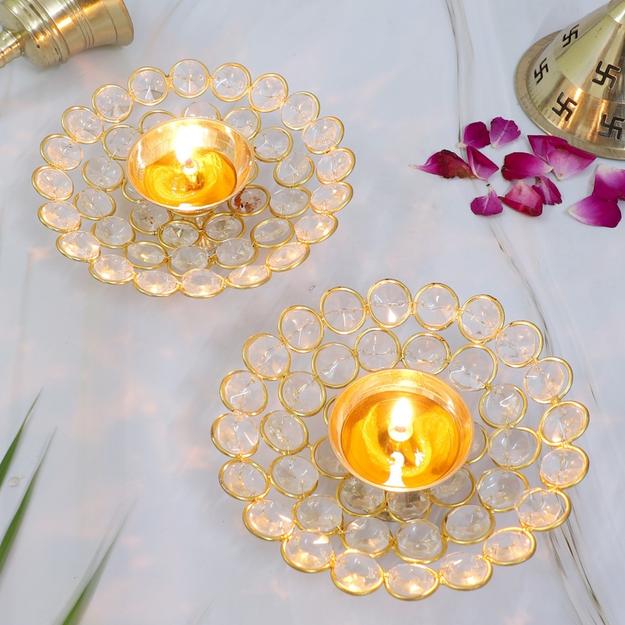 Crystal Brass Diya in a Gift Box - Set of 2